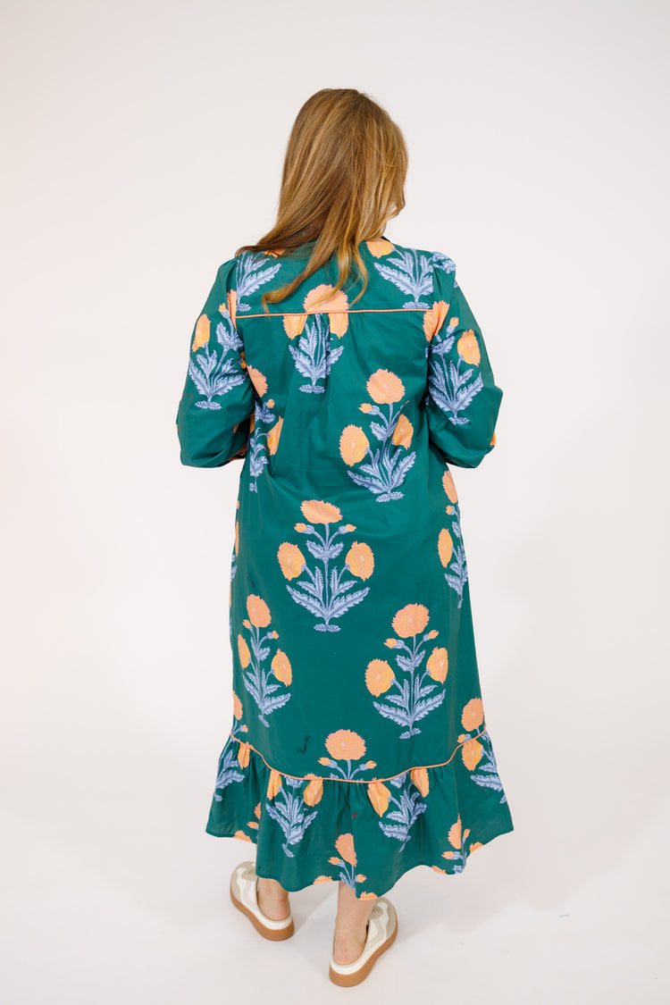 Hunter Green Floral High Neck Dress