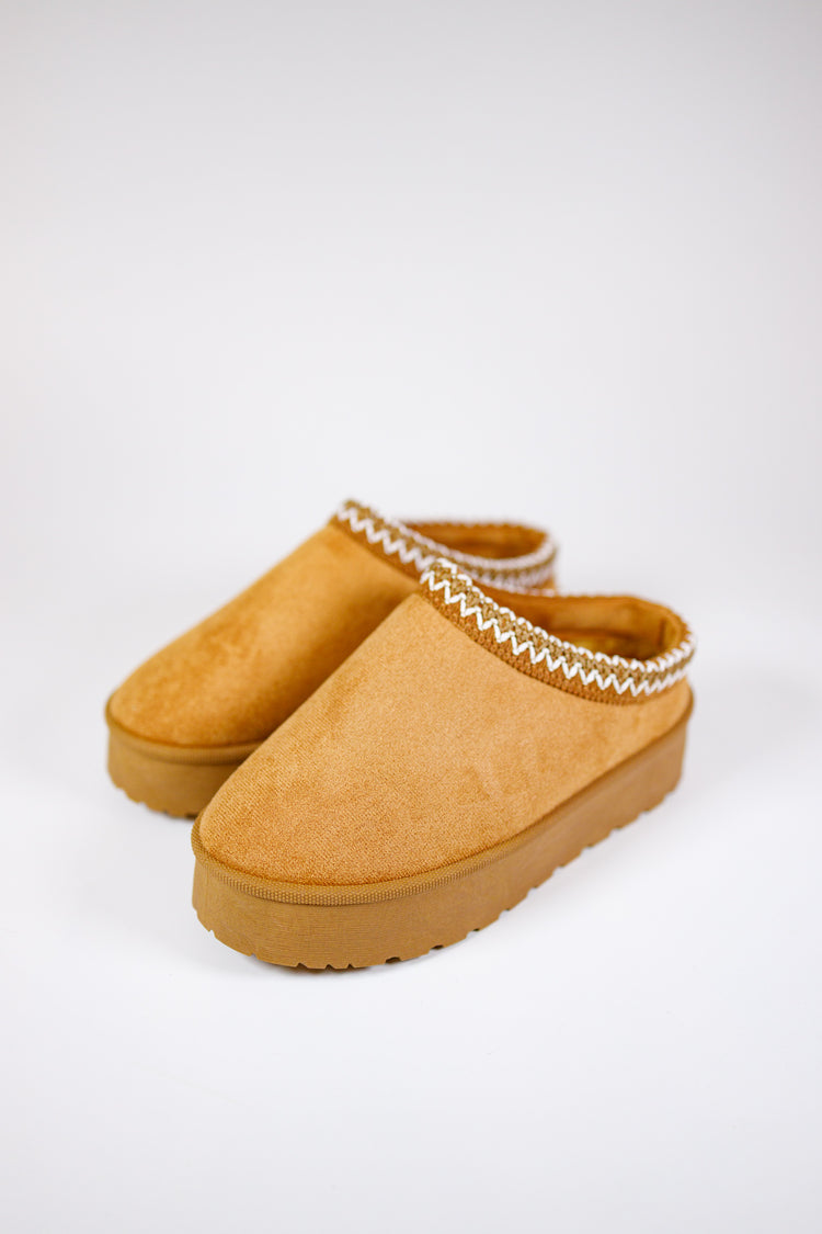 Tan Embroidered Trim Fur Lined Slip on Shoes