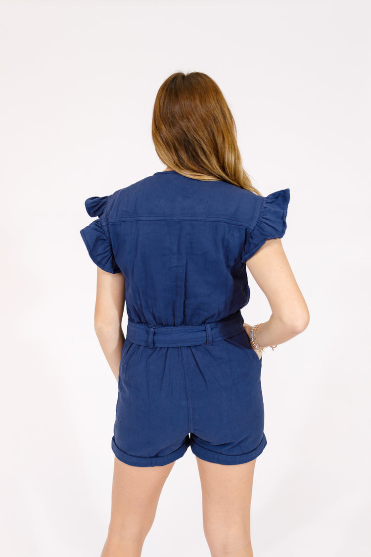 Navy Denim Ruffle Romper