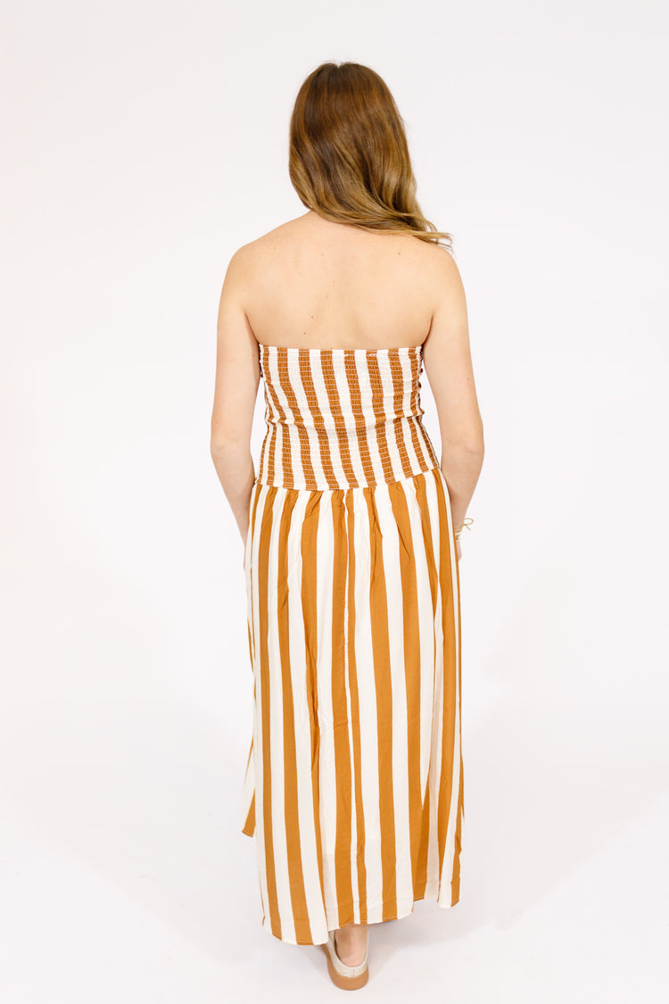 Tan Vertical Stripe Strapless Dress
