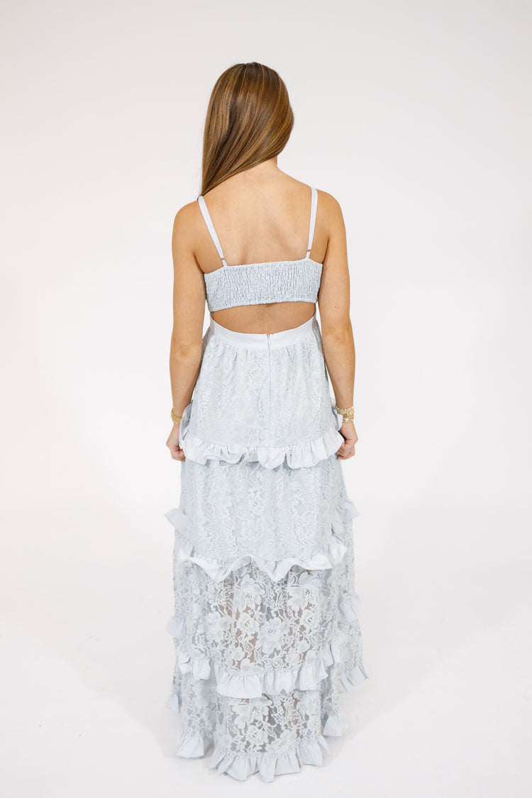 Blue Lace Ruffle Maxi Dress