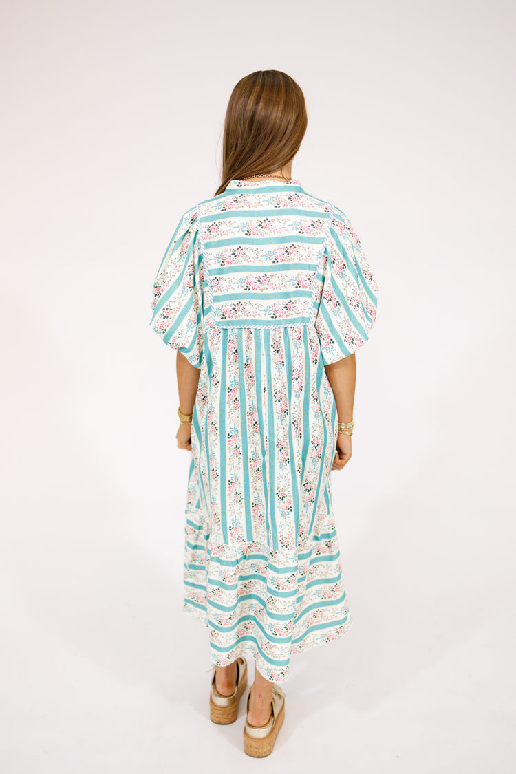 Teal Multi Floral Stripe Midi Dress