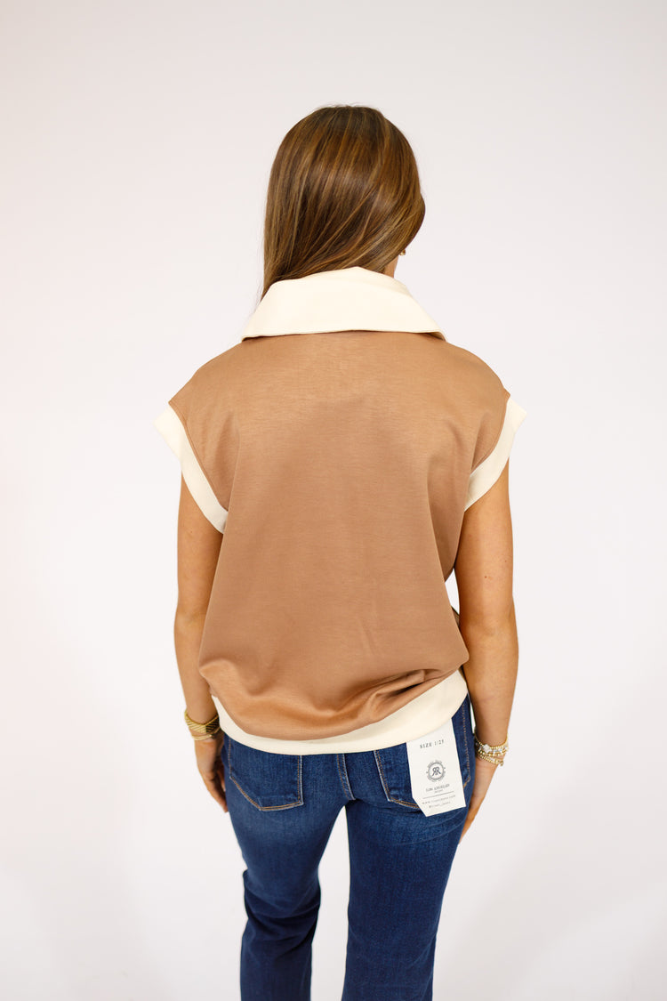 Taupe Collared Color Block Top
