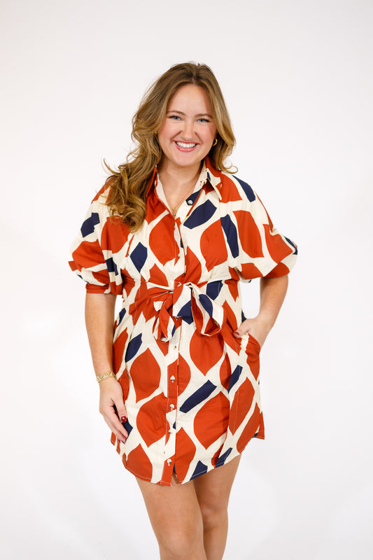 Navy and Rust Pattern Bow Dress