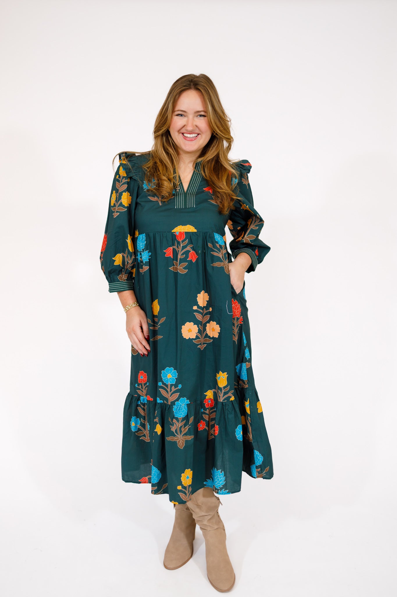 green emerald velvet dress Hunter Green Embroidered Floral Paisley Midi Dress – Saluda Rose Boutique main image 1