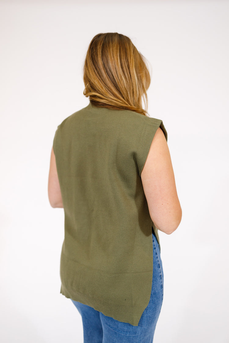 Olive Mock Neck High Low Top