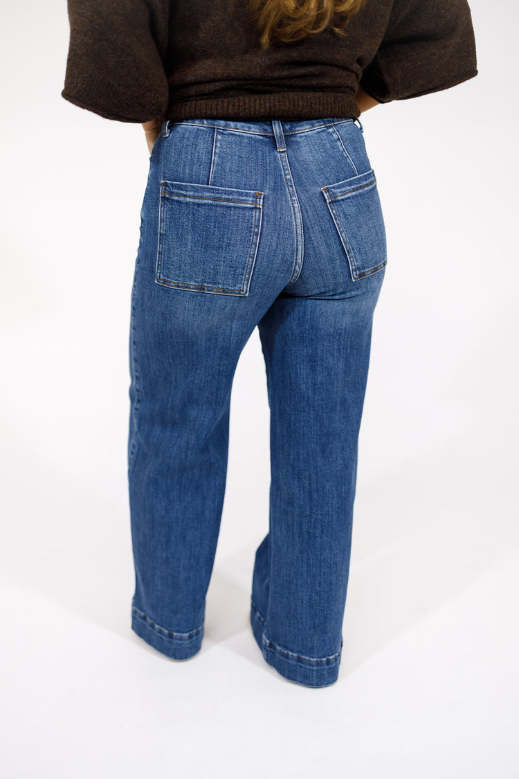 Dark Denim Pin Tuck Wide Leg Jeans