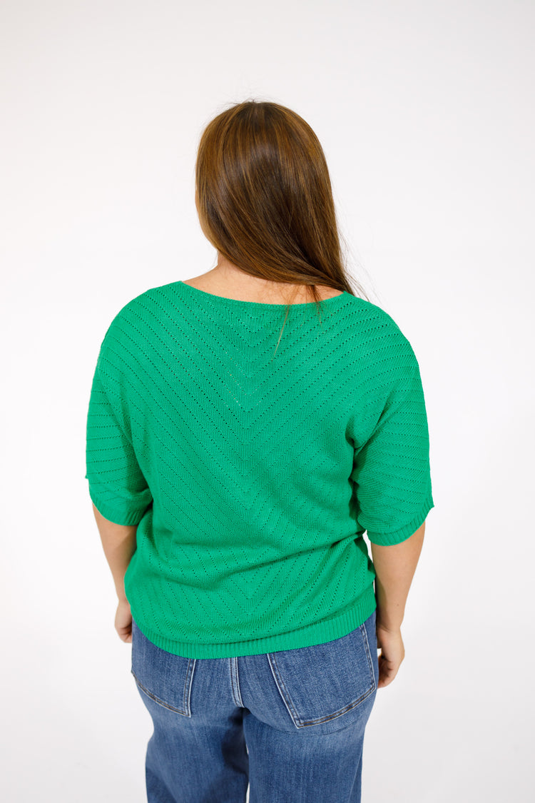 Green Pointelle Knit Sweater Top