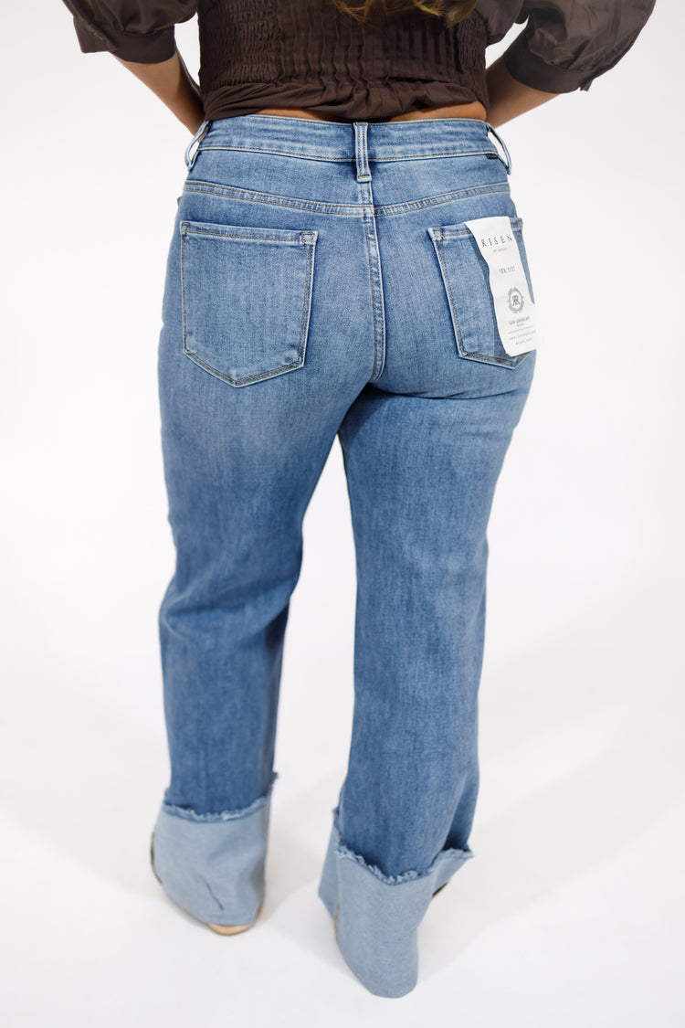 Risen Medium Wash Wide Cuffed Jeans, REG + CURVY