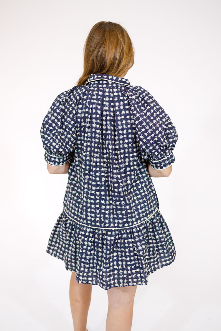 Navy Geo Pattern Tiered Dress