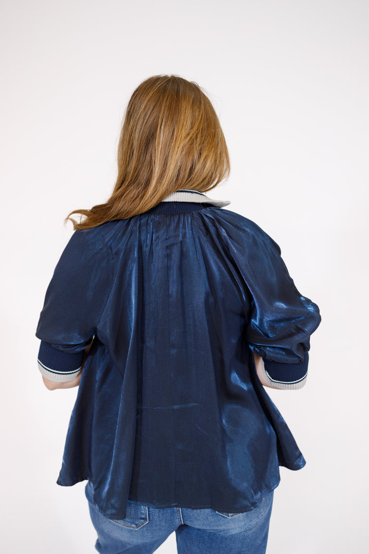 Navy Half Zip Band Sleeve Top