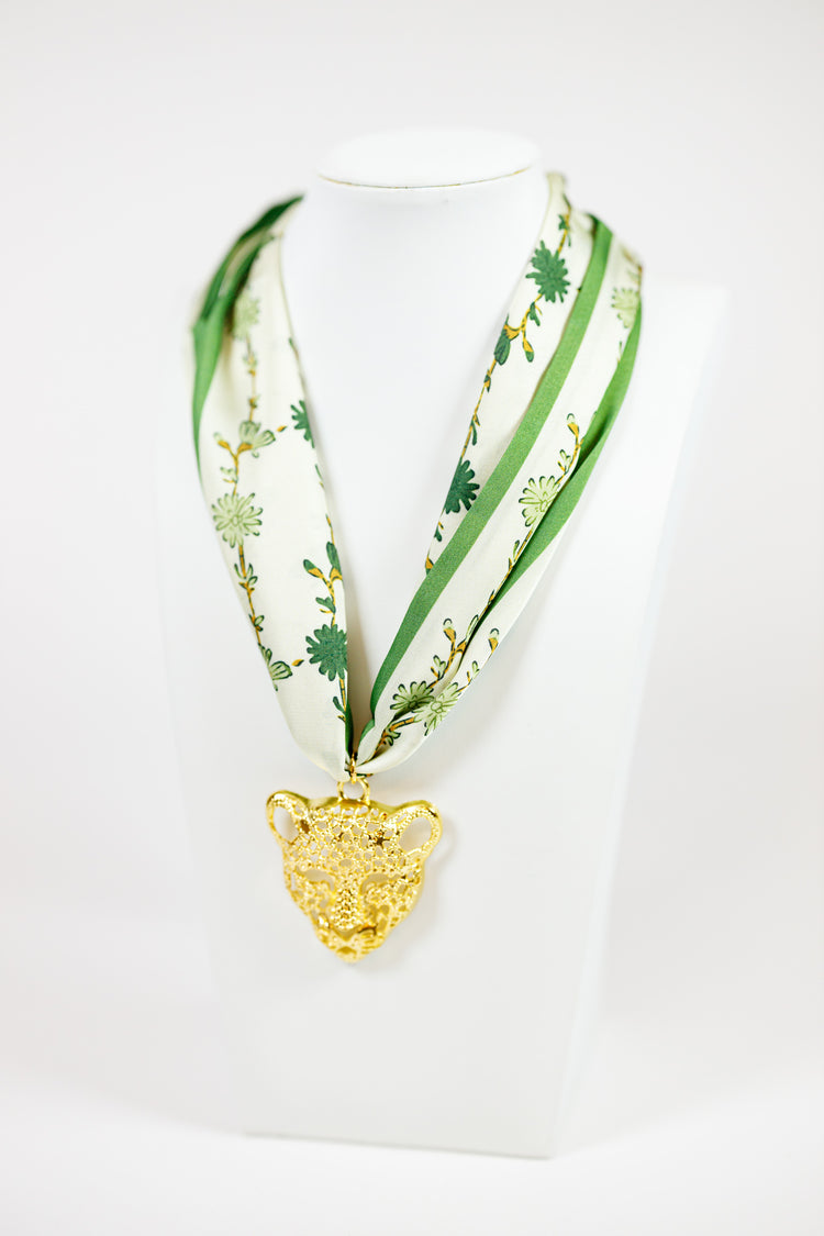 HD Green Floral Leopard Charm Scarf Necklace