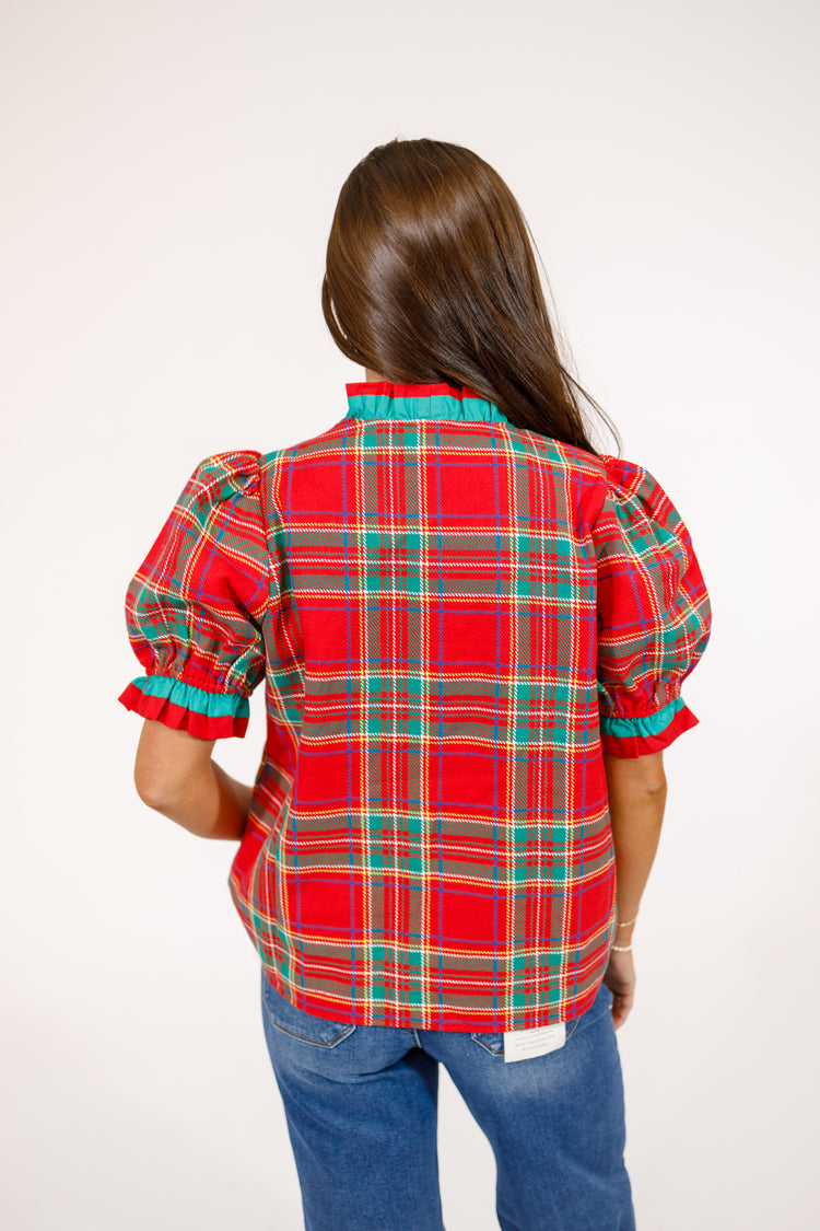 Red and Green Plaid Puff Sleeve Top