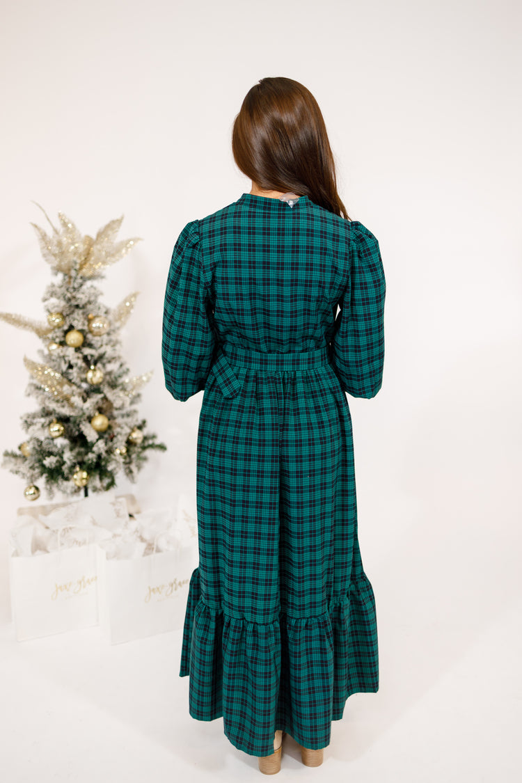 Green Plaid Belted Maxi Dress