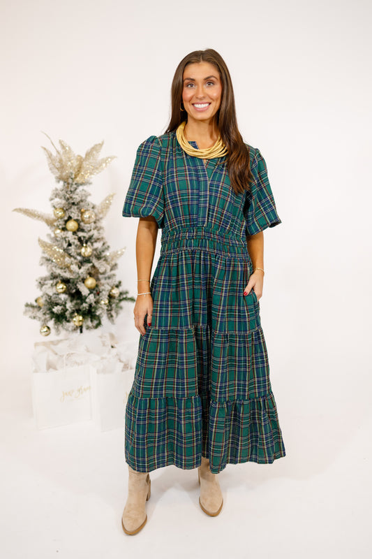 Curvy Green Plaid Tiered Midi Dress