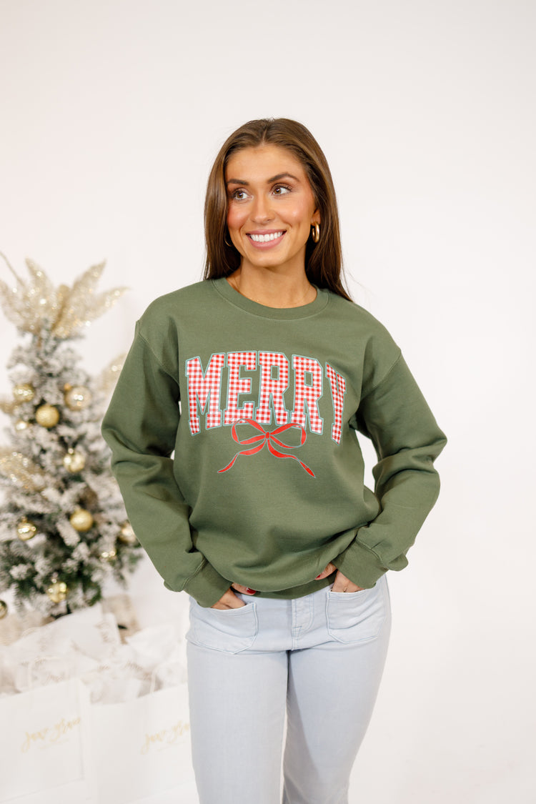 Green Plaid "Merry" Bow Sweatshirt