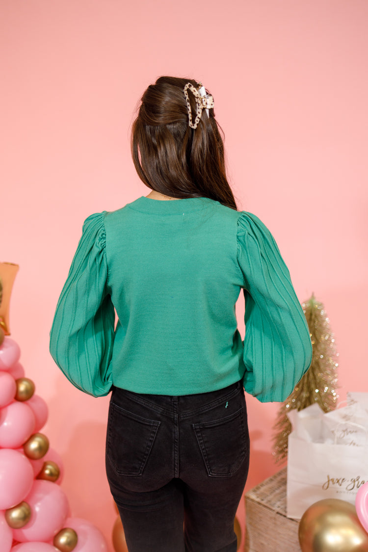 Green Pleated Sleeve Sweater Top