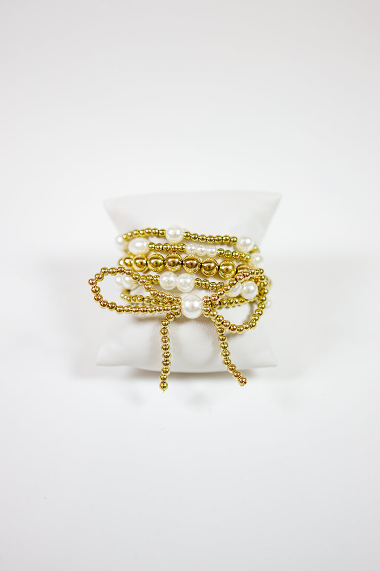 Gold Beaded Bow and Pearl Bracelet Set