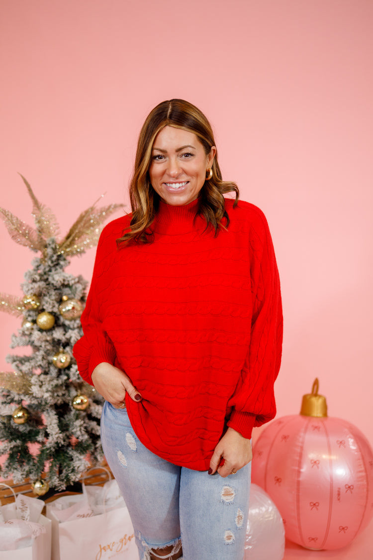 Red Cable Knit Mock Neck Sweater