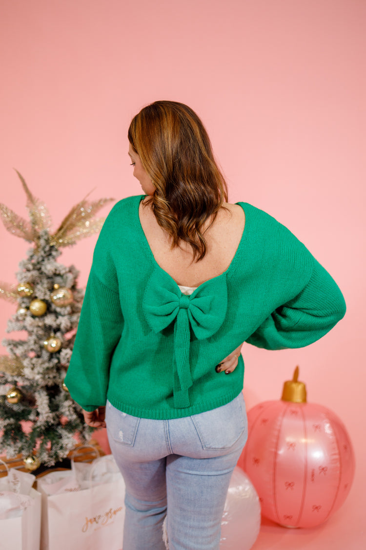 Green Bubble Sleeve Back Bow Sweater