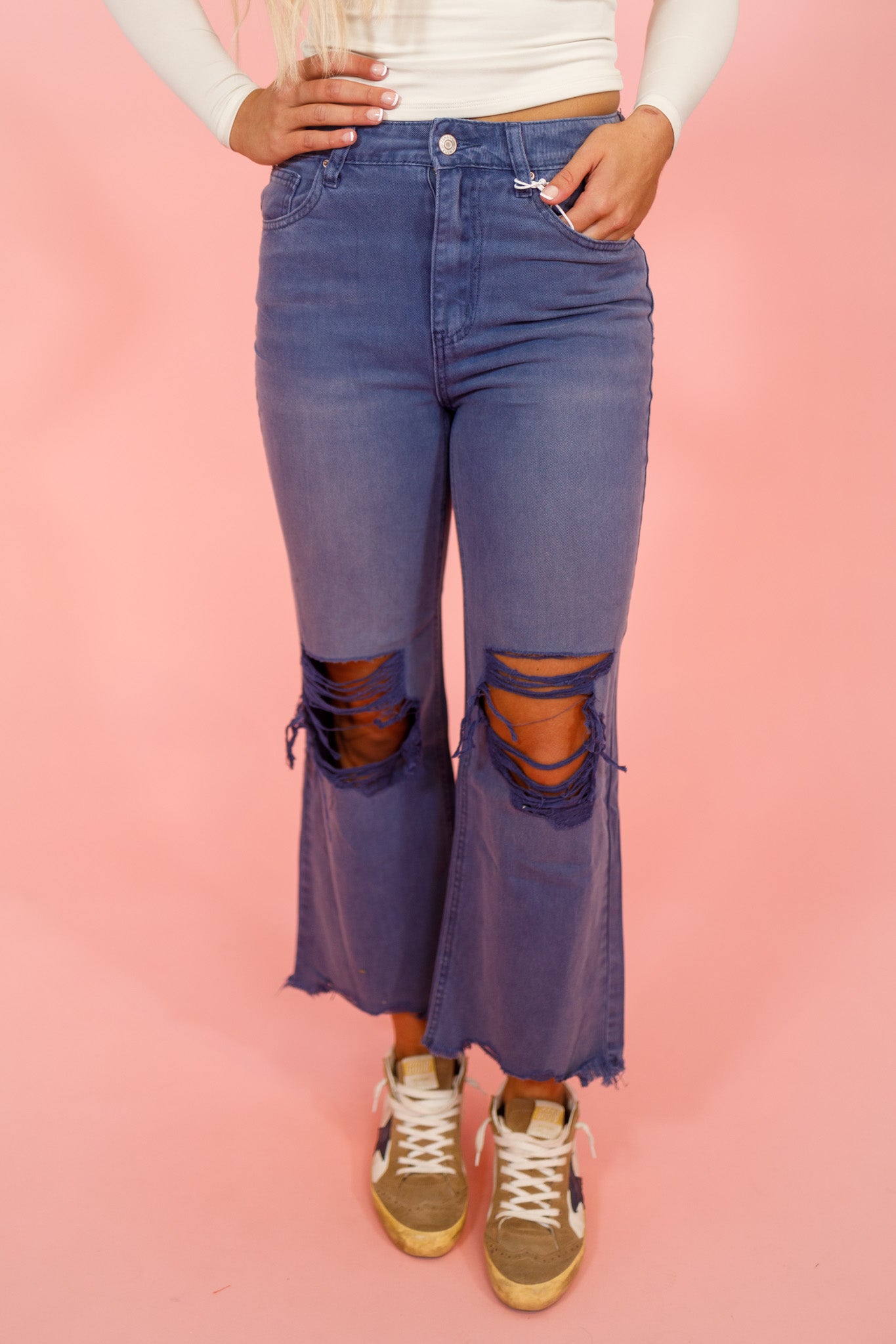 Z Distressed Crop Flare Jeans, BLACKBERRY - Main Image