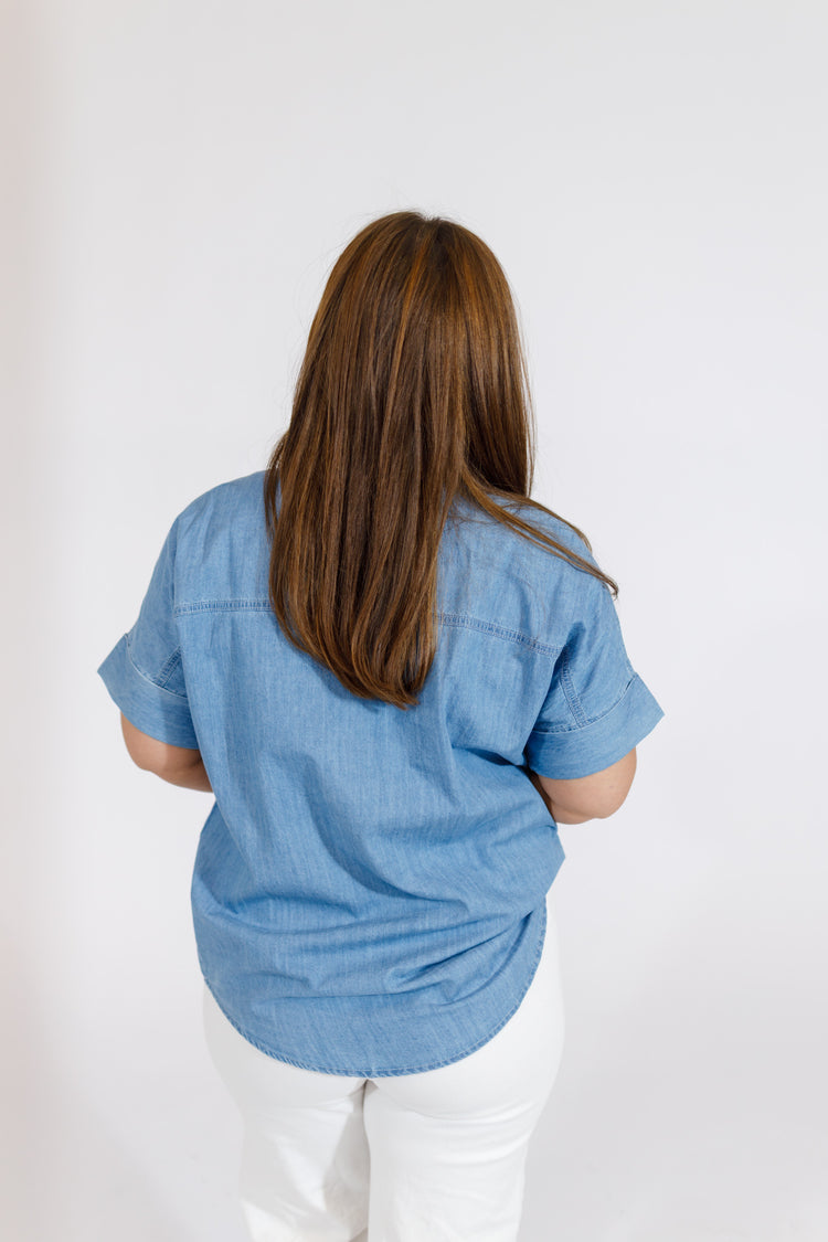 Denim Blue Button Up Collar Top
