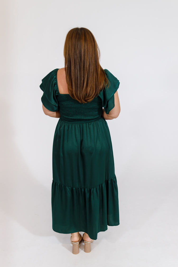 Hunter Green Flutter Sleeve Satin Smocked Midi