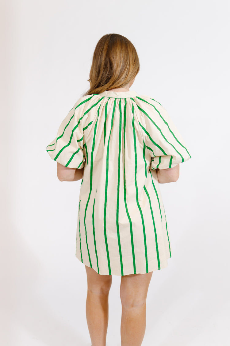 Kelly Green Stripe Puff-sleeve Mini Dress