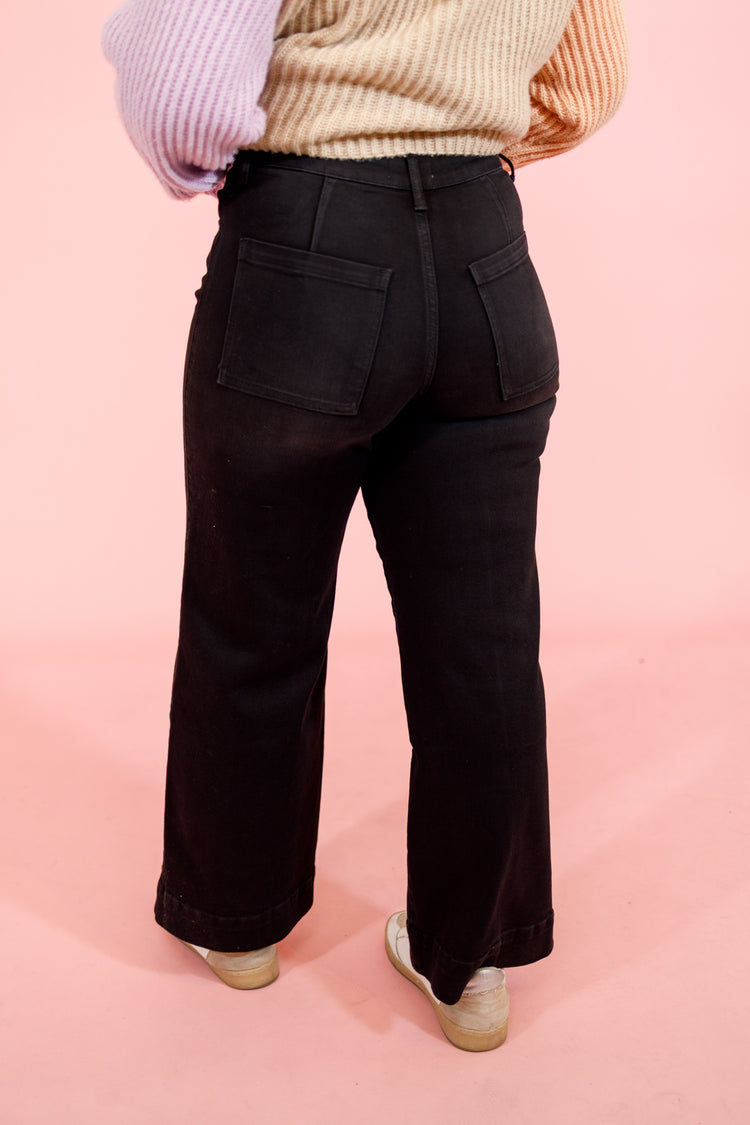 Black Denim Pin Tuck Wide Leg Jeans