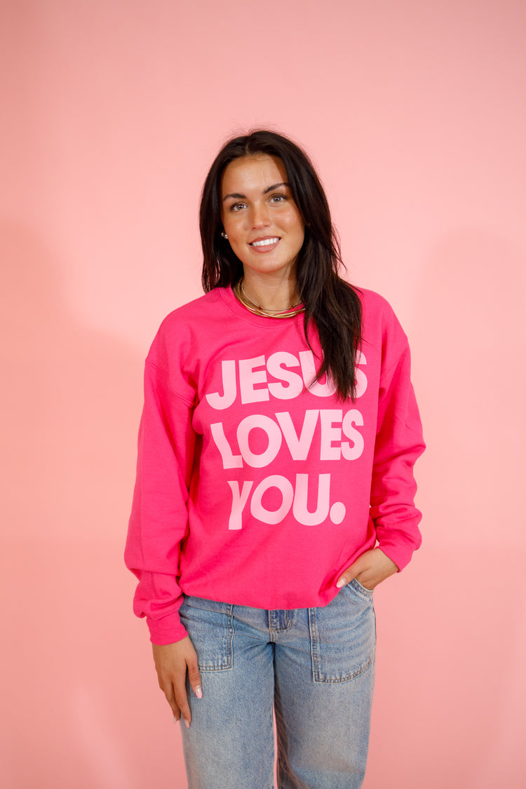 Hot Pink "Jesus Loves You" Sweatshirt, S-2XL
