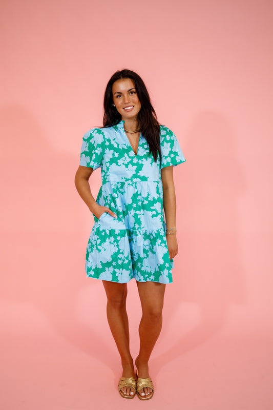 Blue and Green Floral Tiered Dress
