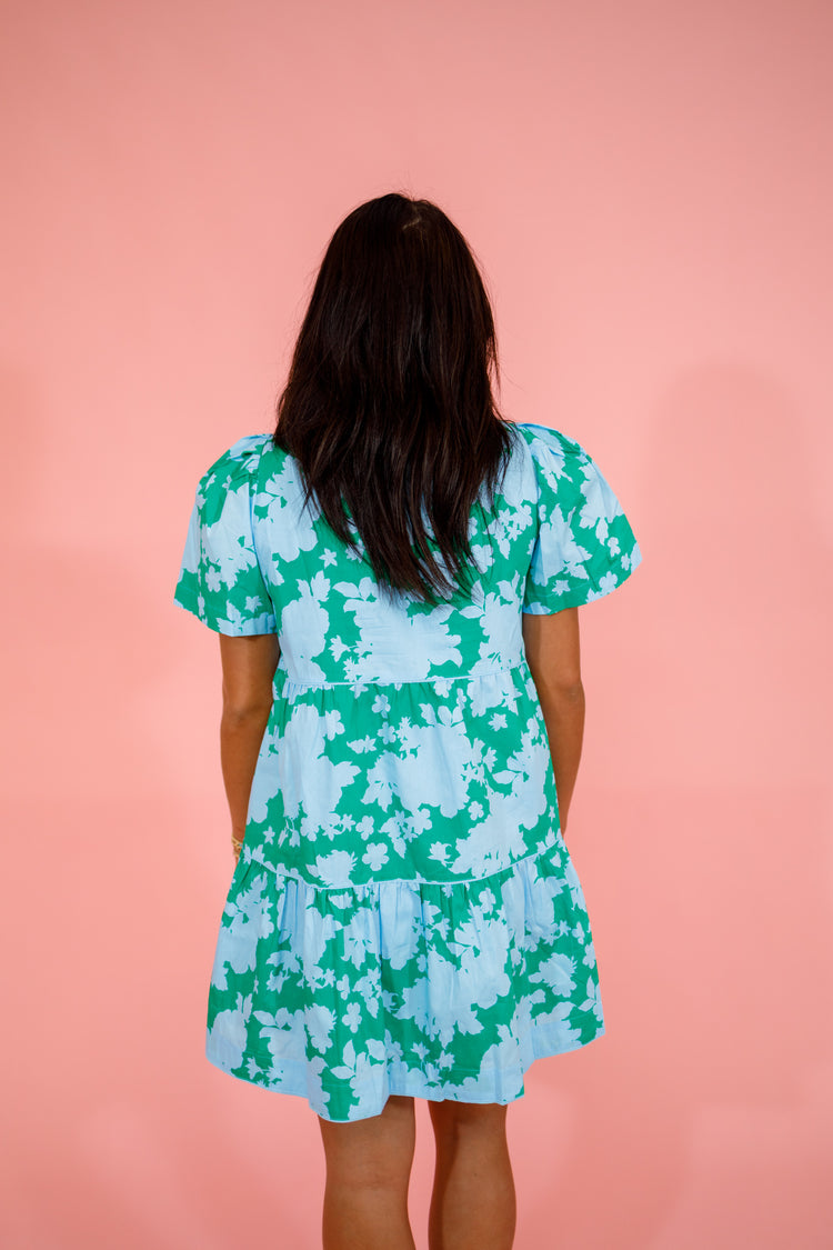 Blue and Green Floral Tiered Dress