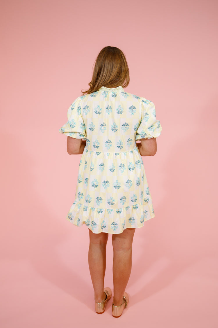 Checker and Floral Ruffle Dress
