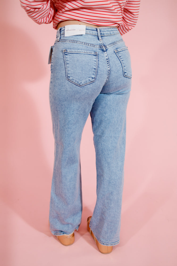 Medium Denim Stretchy Wide Leg Jeans