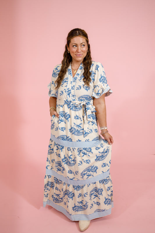 Blue Floral and Stripe Tiered Maxi Dress