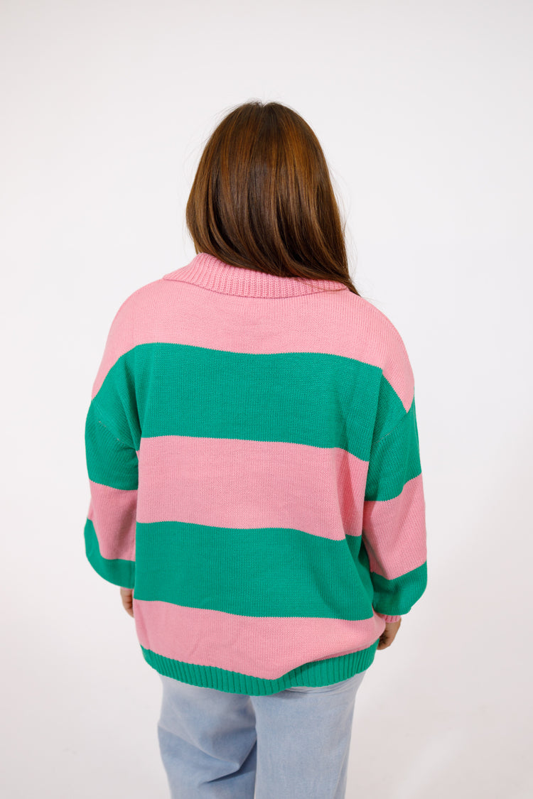 Green and Pink Color Block Knit Sweater