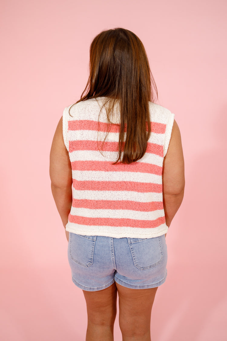 Coral Stripe Gold Button Sweater Top, S-2XL