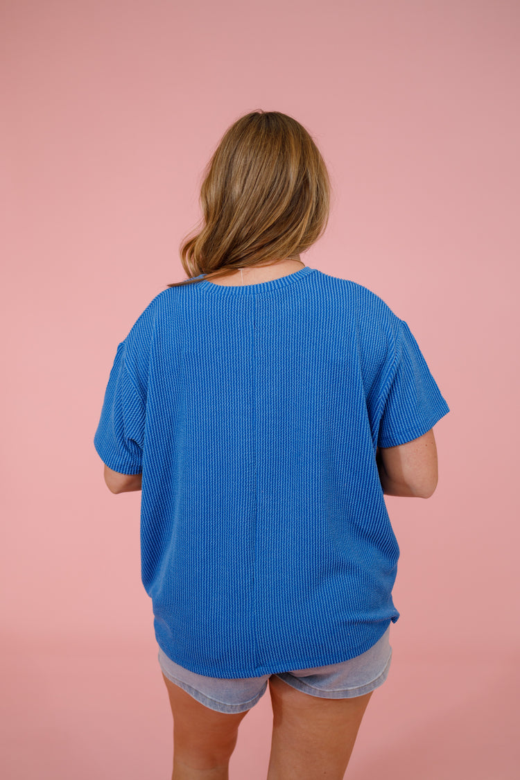 Ocean Blue Ribbed Boxy Pocket Top