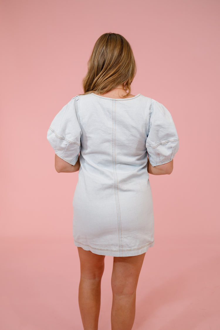 Light Washed Denim Puff Sleeve Dress