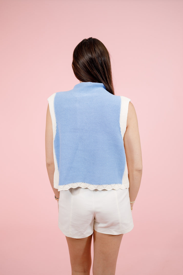 Blue Cable Knit Braided Contrast Top