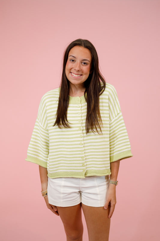 Green Striped Button Cardigan Top