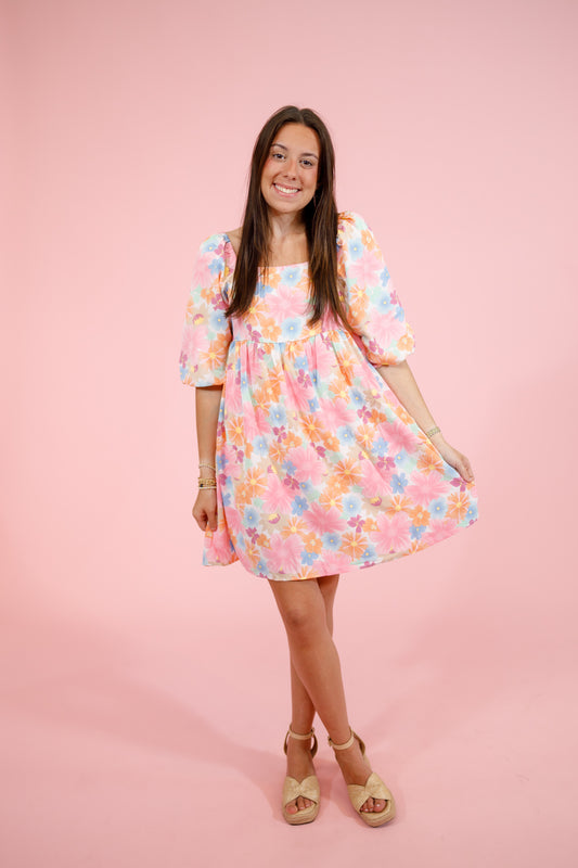 Multi Color Flower Puff Sleeve Dress