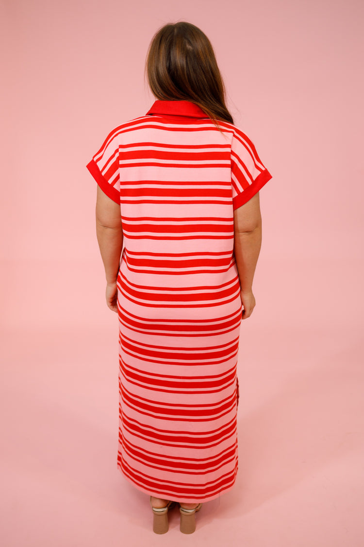 Red Stripe Split Neck Midi Dress