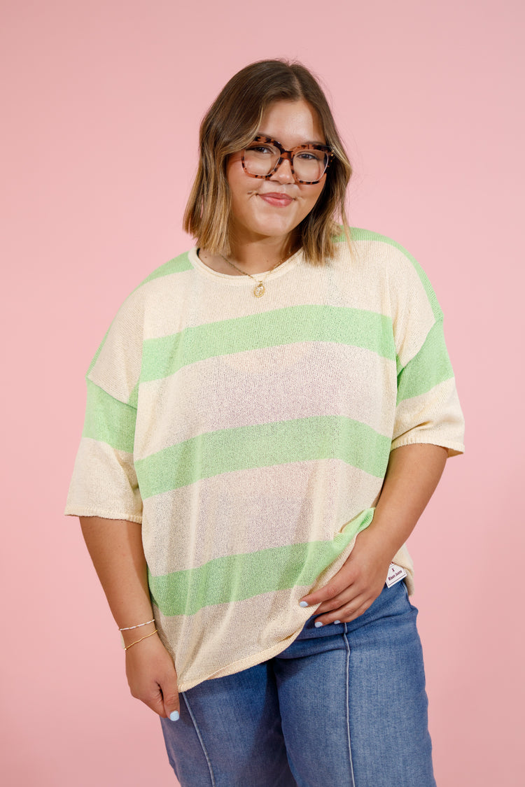 Green Stripe Knit Round Neck Top, S-3XL