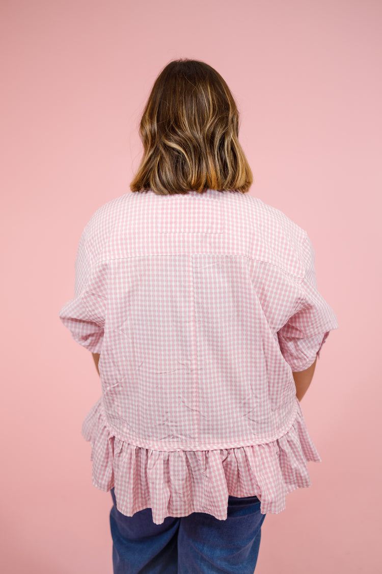 Curvy Pink Gingham Ruffle Hem Top