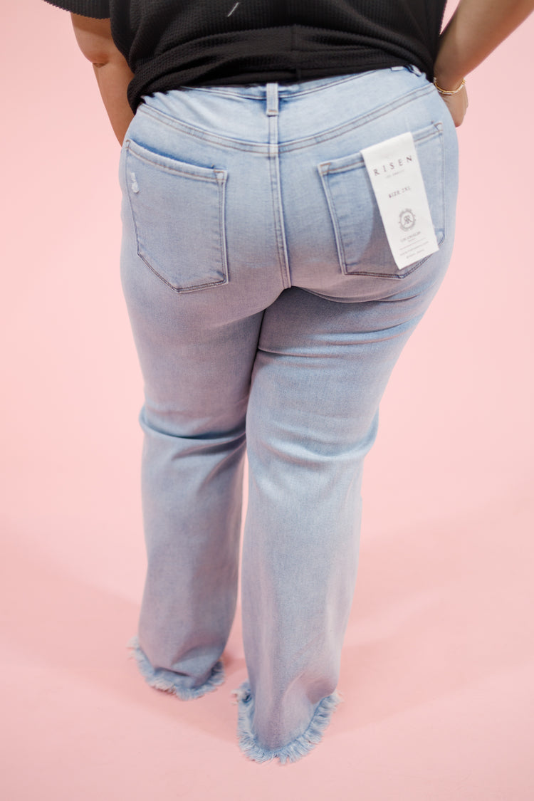 Risen Light Wash Tummy Control Straight Fray Hem Jeans, REG + CURVY