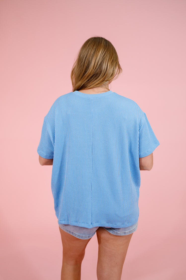 Sky Blue Ribbed Boxy Pocket Top