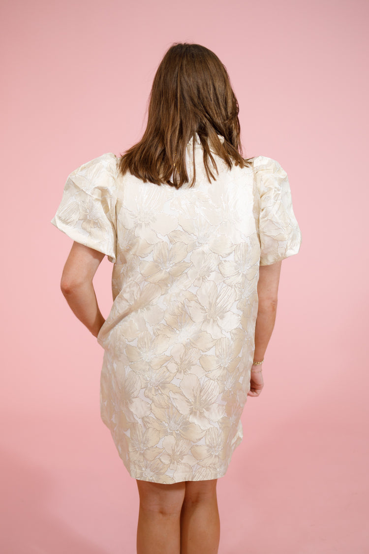 Champagne Textured Floral Puff Sleeve Dress