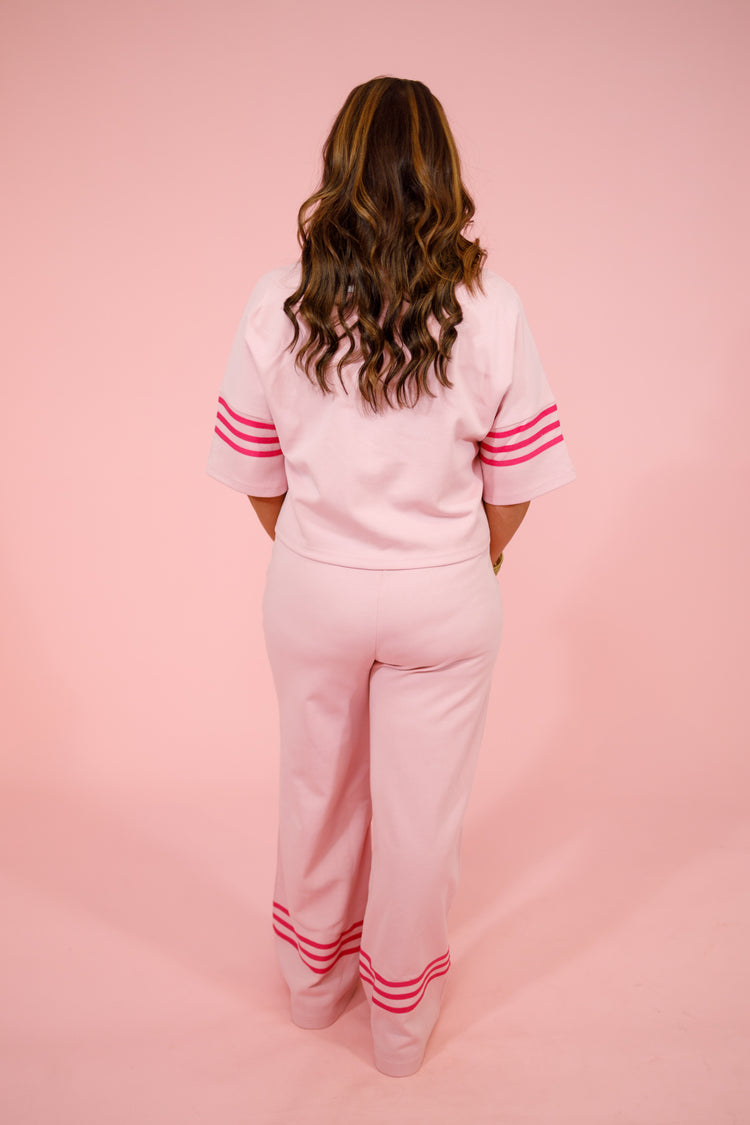 Pink Stripe Sleeve Contrast Pants Set