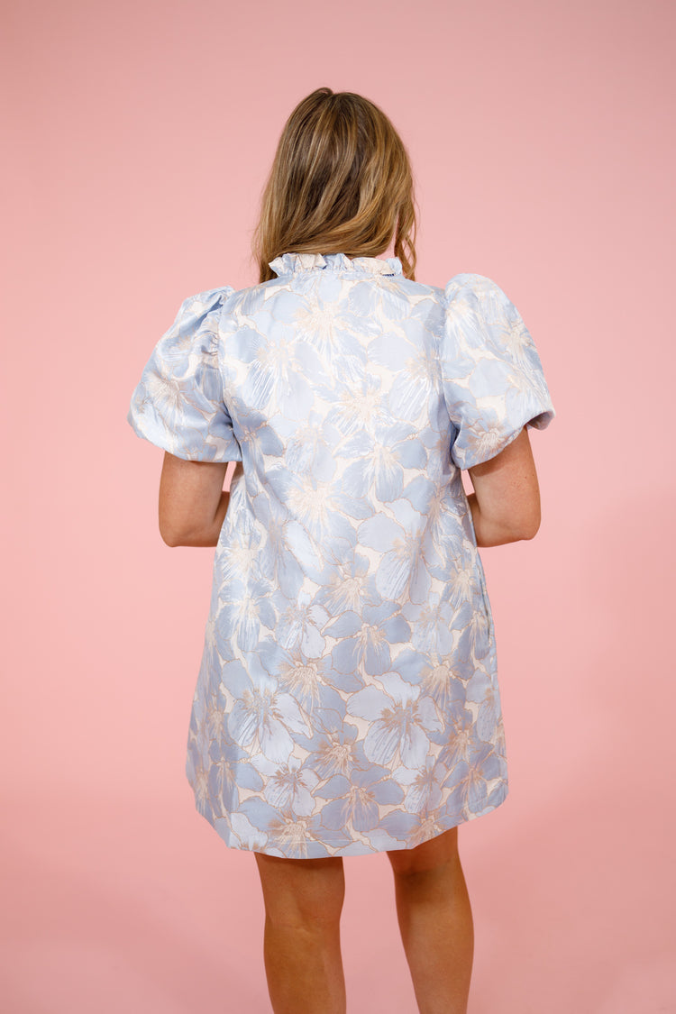 Sky Blue Textured Floral Puff Sleeve Dress